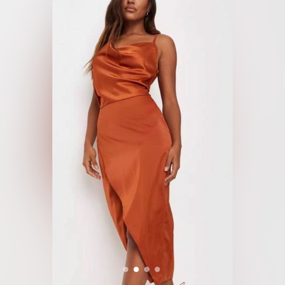 Missguided Asymmetrical Drape Rust Satin Midi Dress Size 4 - Picture 2 of 16